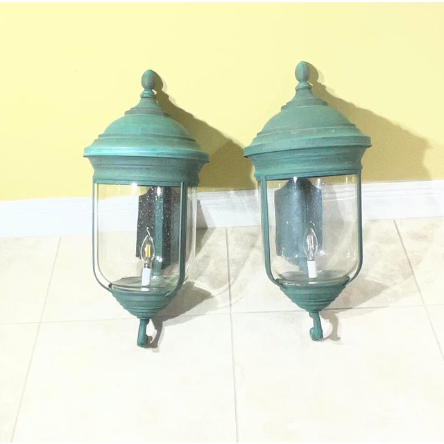 Metal Pair of Vintage Solid Brass Wall Lanterns /Sconces 26”x 12” X13” For Sale - Image 7 of 15