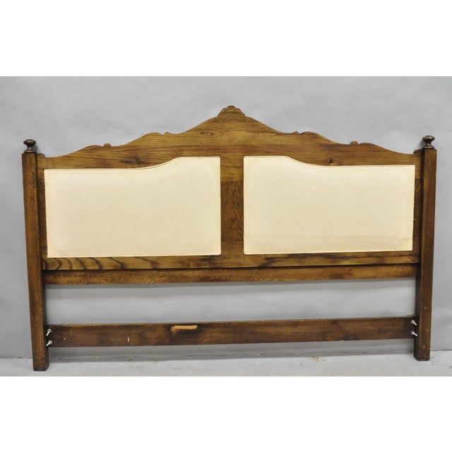 Vintage French Country Provincial Oak Wood Upholstered Panel King Bed Headboard For Sale - Image 9 of 12