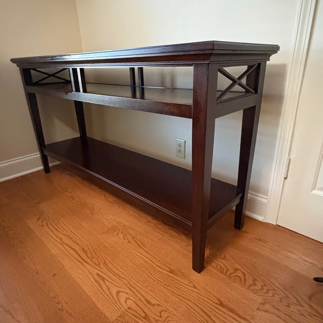 Transitional Dark Wood Console Table With X-Brace Sides & Lower Shelf For Sale - Image 3 of 11