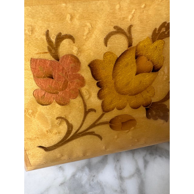 1960s Midcentury Italian Burl Wood & Brass Music Box With Floral Design For Sale - Image 5 of 12