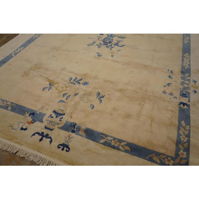 1920s Tan Sand Vase Floral Vintage Chinese Peking Carpet 8' '' X 9' 8'' Wool Knotted Rug For Sale In New York - Image 6 of 12