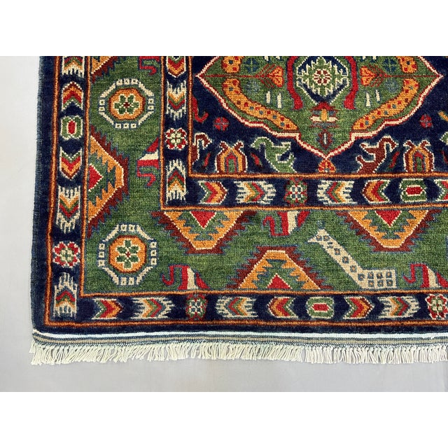 Green & Navy Blue Geometric Tribal Wool Area Rug, 5' X 6'7" For Sale - Image 14 of 16