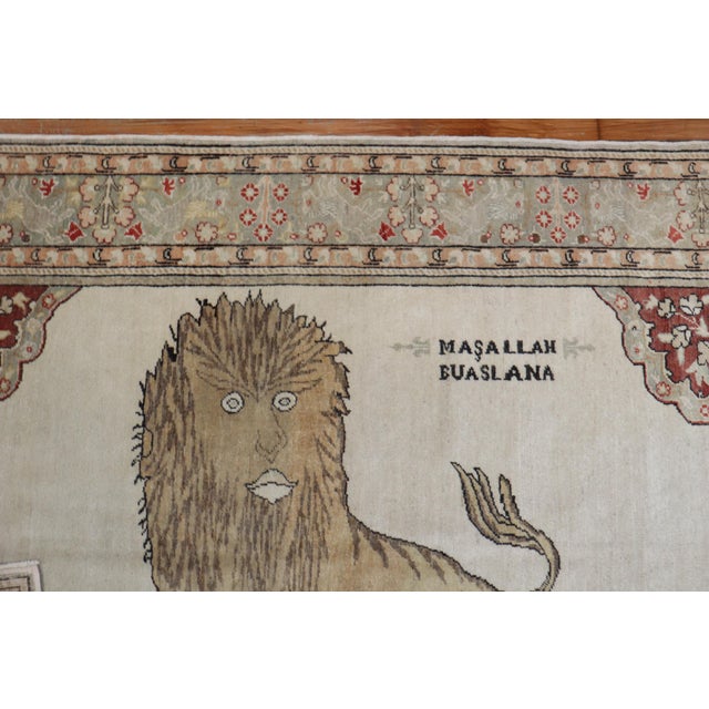 Mid 20th Century Lion Motif Vintage Turkish White Ground Dowry Rug, 20th Century For Sale - Image 5 of 18