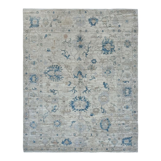Oushak Handmade Wool Rug in Cream and Light Blue For Sale