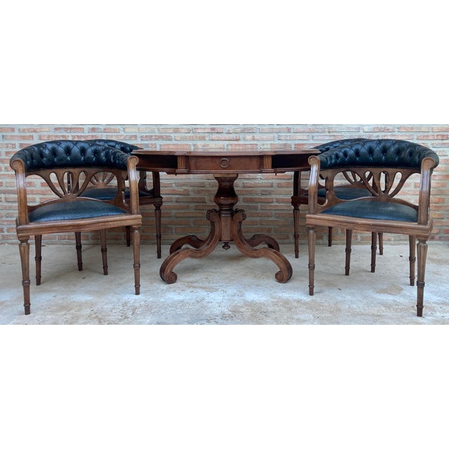 Dining Table with Armchairs in Leather and Walnut, 1950s, Set of 5 For Sale - Image 6 of 18