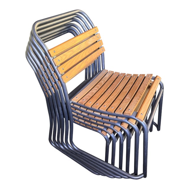 Vintage Stacking Wood and Metal Chairs Set of 6 From Retired Restoration Hardware Collection For Sale