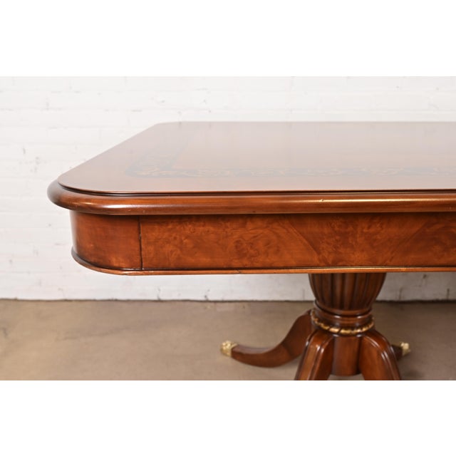 Wood Baker Furniture Style Italian Regency Inlaid Banded Burl Wood Double Pedestal Dining Table, Newly Restored For Sale - Image 7 of 10