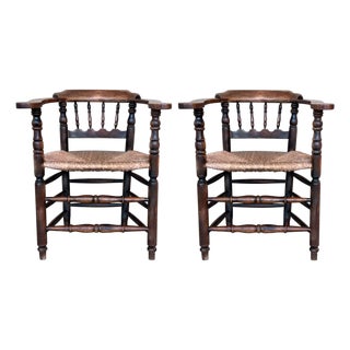 Mid 20th Century Pair of Spanish Horseshoe Back and Cane Armchairs For Sale
