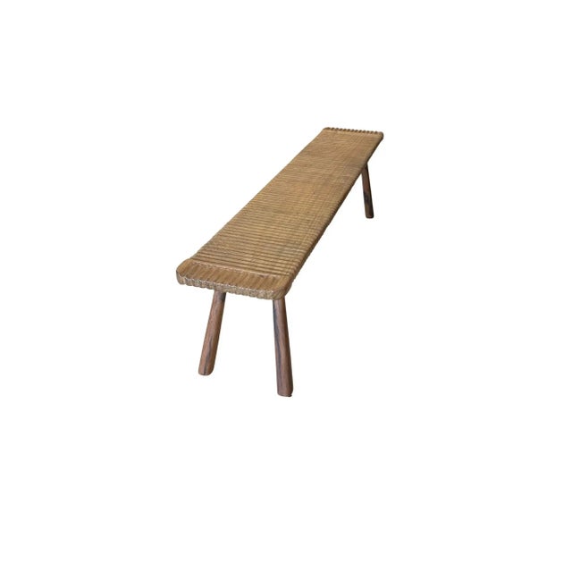 Contemporary Solid Teak Wood Bench With Softened Edges and Sculptural Leg Form For Sale - Image 3 of 8
