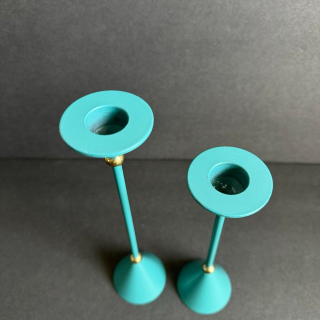 Vintage Post Modern Candle Stick Holders 80s 90s Turquoise Memphis Style a Pair For Sale - Image 4 of 6