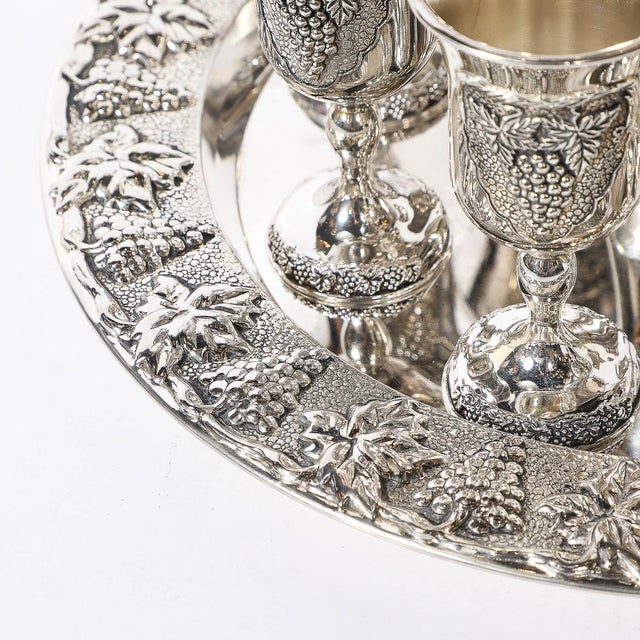 Mid-Century Modern Mid-Century Silver Plated Fountain Kiddush Cup Set in Grape & Vine Motif For Sale - Image 3 of 18