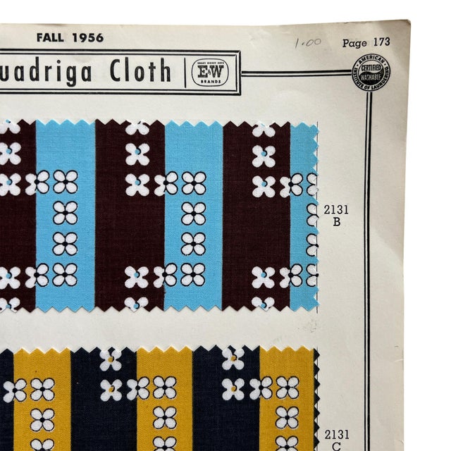 Mid-Century Modern 1956 Quadriga Cloth E&w Brands Textile Sample Sheet, Mid-Century Archive For Sale - Image 3 of 10