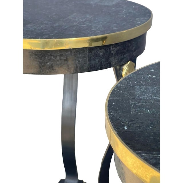 1980s Vintage Maitland Smith Shell Veneer With Shell Medallion and Brass Pair Side End Tables For Sale - Image 16 of 18