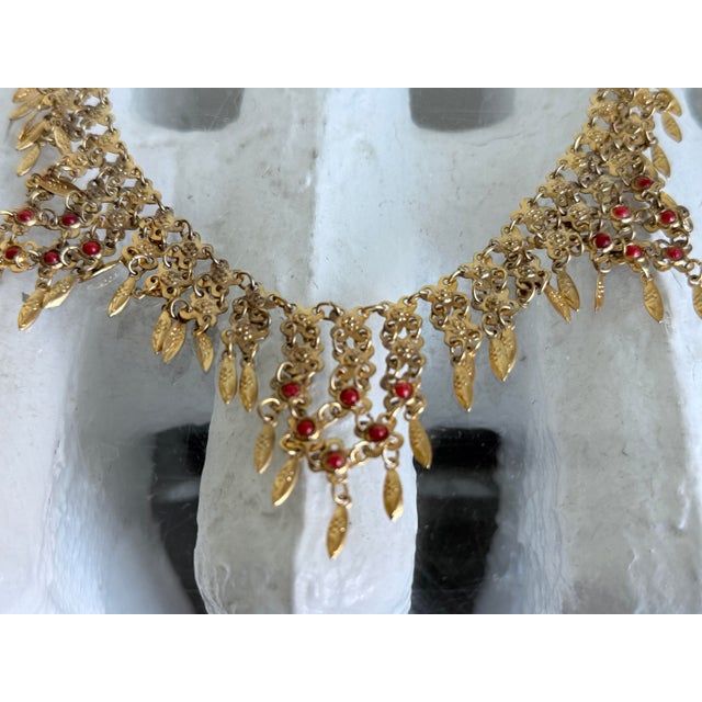 Coro Vintage 1960s Gold Tone Etruscan Revival Fringe Bib Collar Necklace With Faux Coral Dangles For Sale - Image 4 of 10