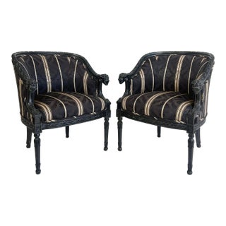 Vintage Ebonized Carved Ram's Head Bergère Chairs, Pair For Sale