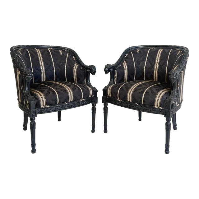 Vintage Ebonized Carved Ram's Head Bergère Chairs, Pair For Sale