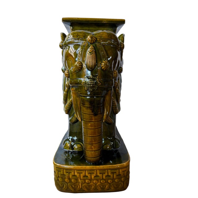 1970s Mid 20th Century Green Glazed Ceramic Elephant Garden Stool / Plant Stand For Sale - Image 5 of 12
