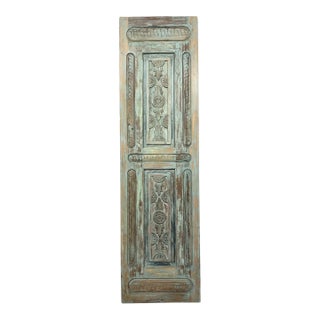 Vintage Hand-Carved Wooden Sliding Barn Door – Distressed Green Hues Rustic Interior Door Panel 96x30 For Sale