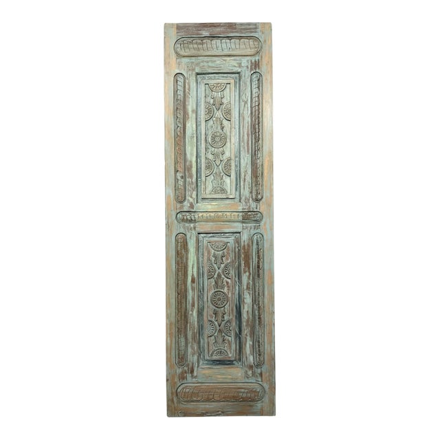 Vintage Hand-Carved Wooden Sliding Barn Door – Distressed Green Hues Rustic Interior Door Panel 96x30 For Sale