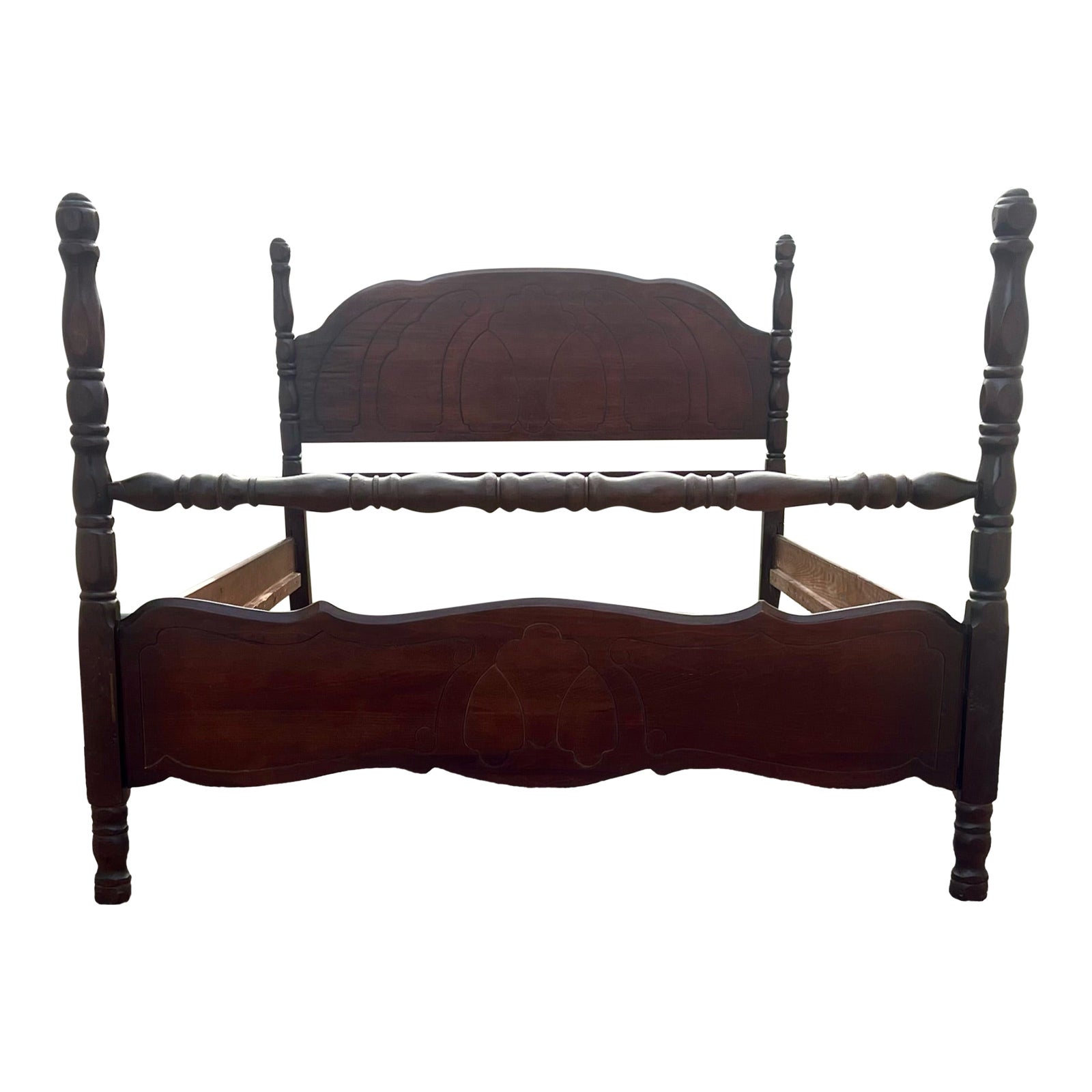 Vintage Carved Full Size Low Poster Bed Frame | Chairish