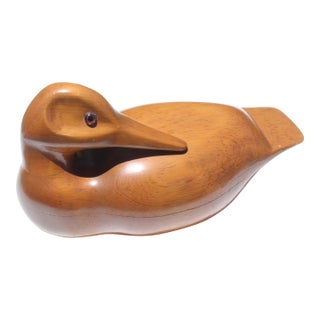 Signed Large Hand-Carved Pacific NorthWest 1996 Alder Wooden Drake Decoy Sculpture For Sale