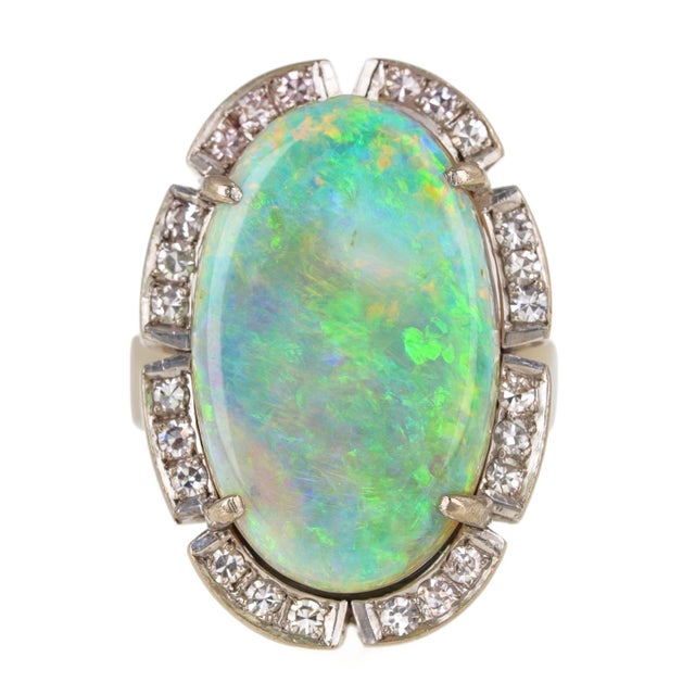 18k White Gold Australian Opal & Diamond Statement Cocktail Ring Vintage For Sale - Image 4 of 9