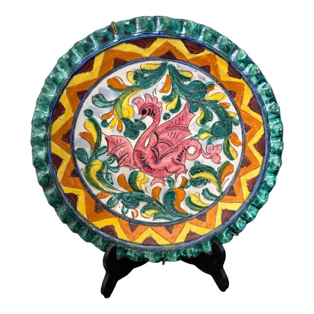 Vintage Italian Majolica Style Hand-Painted Griffin Wall Charger – 12” For Sale