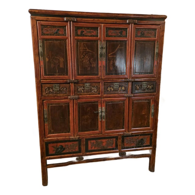 Large Red Asian Storage Cabinet With Red Finish For Sale