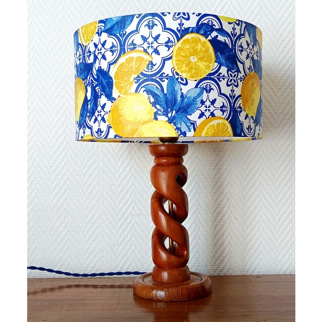 Turned Wood Lamp with Azulejo Lemon-Patterned Lampshade, 1960s For Sale - Image 4 of 9