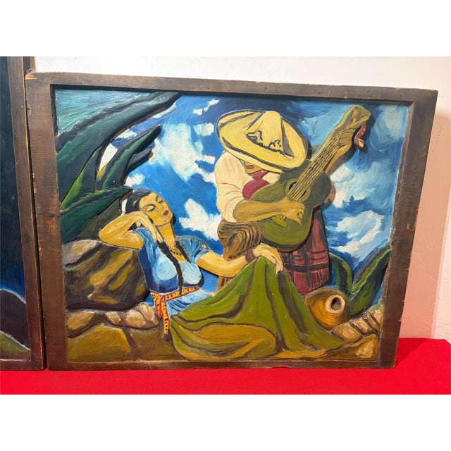 Mexican Mid-Century Mexica​n Relief-Carved Wood​ Panels - Charro & Serenade Folk Art Pair 20" For Sale - Image 3 of 18