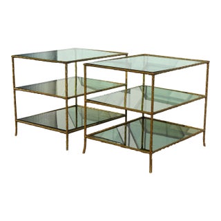 Pair of Vintage Three Tier Brass Bronze Side Tables W Etched Leaf Frames For Sale