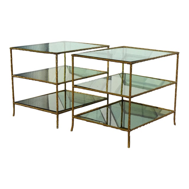 Pair of Vintage Three Tier Brass Bronze Side Tables W Etched Leaf Frames For Sale