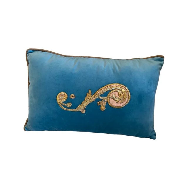 Textile Early 19th Century Pillow Turquoise Velvet With Handmade Gold Embroidery For Sale - Image 7 of 7