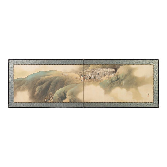 Japanese Taisho Two-Panel Landscape Screen Traveler Waystation For Sale
