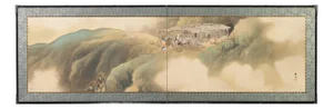 Japanese Taisho Two-Panel Landscape Screen Traveler Waystation
