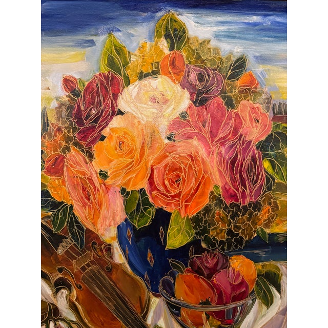 A remarkable, monumental still life by Maya Eventov, signed lower right. A lavish bouquet in saturated coral, rose,...