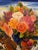A remarkable, monumental still life by Maya Eventov, signed lower right. A lavish bouquet in saturated coral, rose,...