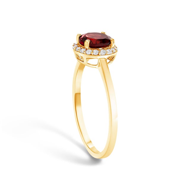 10K Yellow Gold Red Garnet and 1/10 Cttw Diamond Halo Ring For Sale - Image 4 of 7