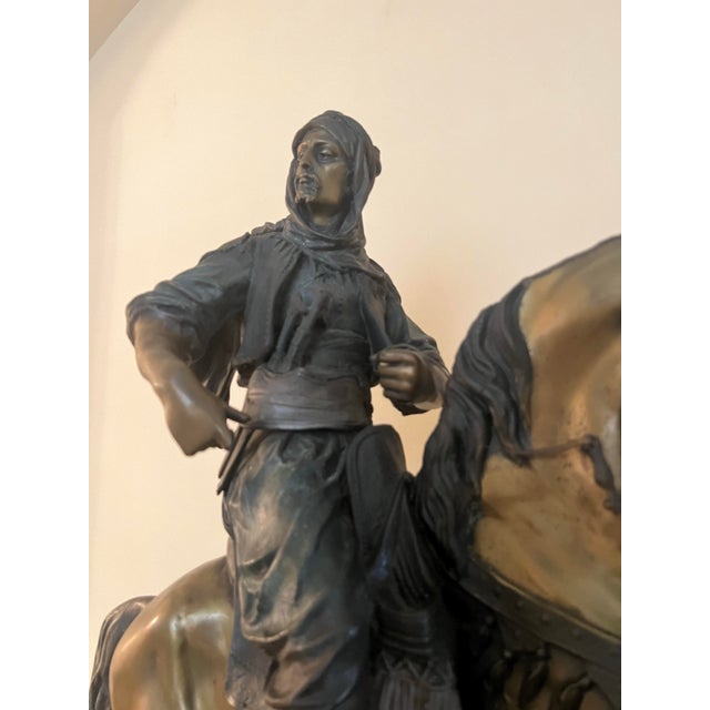 Antoine Bayre Vintage Bronze Figure of Horse & Rider “Cavalier Arabe” on Marble Signed Bayre For Sale - Image 4 of 11