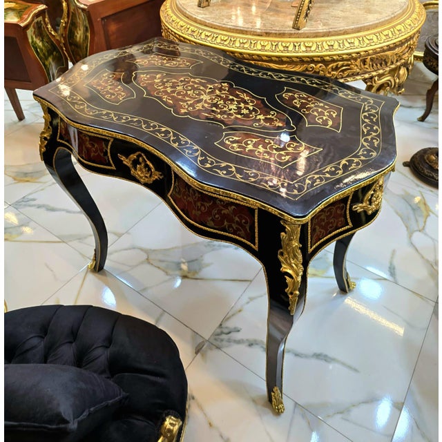 French French Writing Desk With Center Drawer, Hand-Inlaid Marquetry & Gold Leaf Details For Sale - Image 3 of 4
