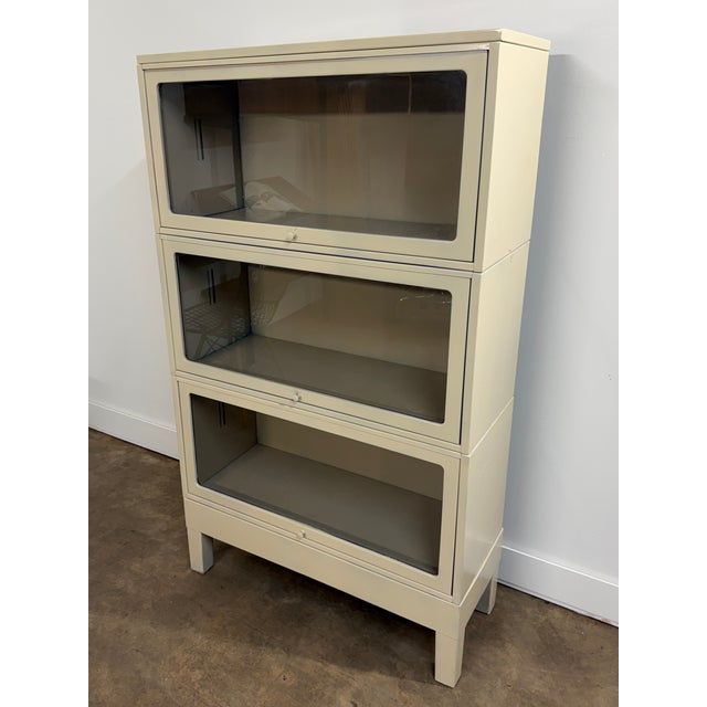 Metal Vintage Industrial Steel Barrister Bookcases With Glass Lift-Up Doors For Sale - Image 7 of 12