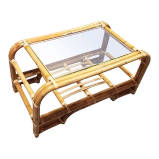 1940s Restored 2-Tiered Rattan Coffee Table W/ Glass Top For Sale