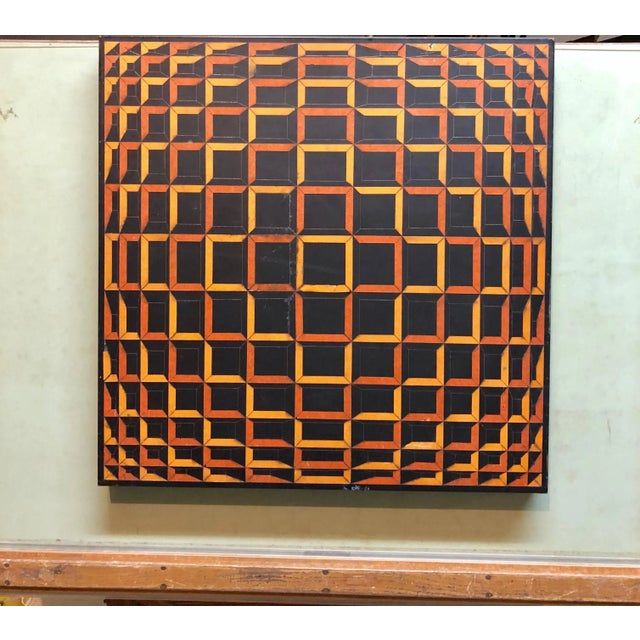 (After) Victor Vasarely, Colored Tape on Metal Box Manner of Vasarely Collage Painting Kinetic Op Art, c.1950s-1960s For Sale - Image 4 of 9