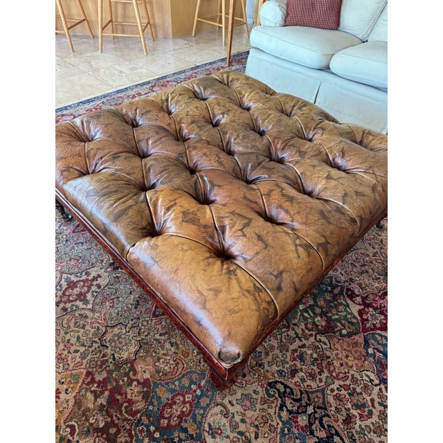 Tufted Oversized Square Leather Ottoman - Vicente Wolf Collection Mottled Leather gives distressed look Tortoiseshell...