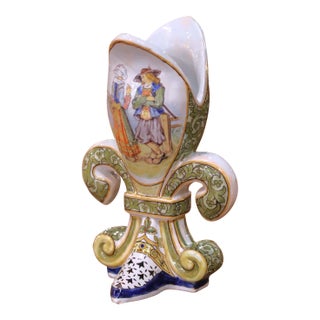 19th Century French Porquier-Beau Quimper Fleur-De-Lys Form Faience Vase For Sale