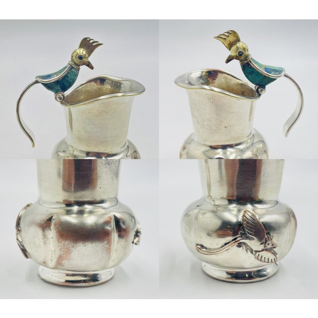1960s Los Castillo Taxco Bird of Paradise Creamer & Sugar W Malachite Lapis - a Pair For Sale - Image 13 of 18