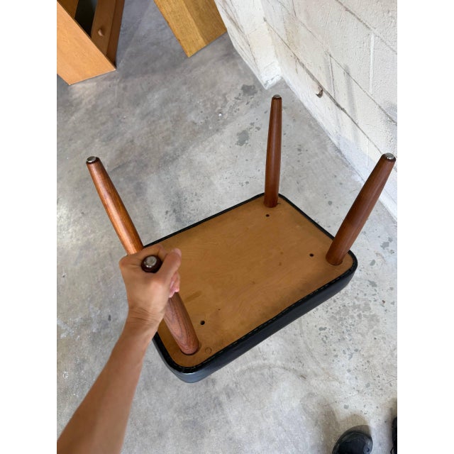 Black Vintage Danish Modern Ottoman Footstool Black Vinyl Teak Mid Century Scandinavian Stool For Sale - Image 8 of 8