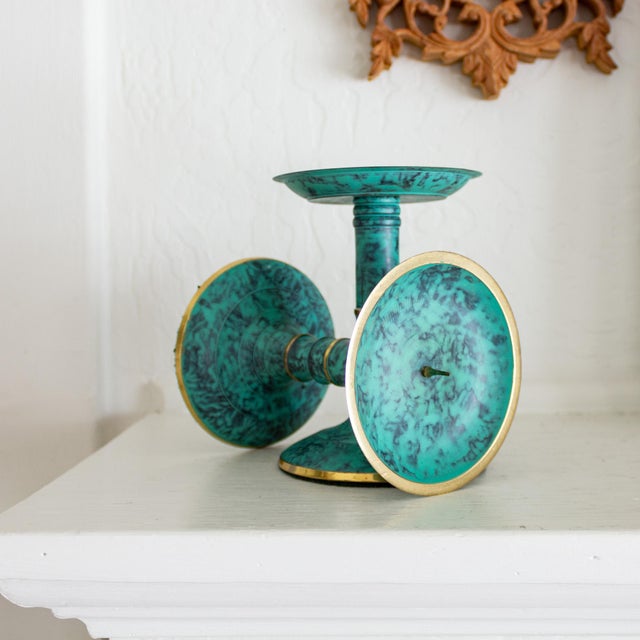 Postmodern Teal Verdigris and Gold Pedestal Candle Holders For Sale - Image 6 of 10