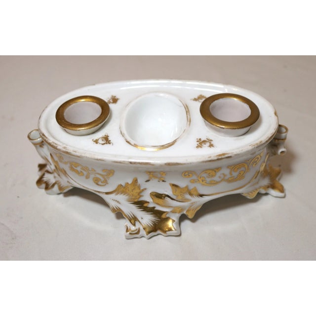 Antique 19th Century Hand Painted Gold Gilded Porcelain Writing Stand Inkwell For Sale In New York - Image 6 of 11
