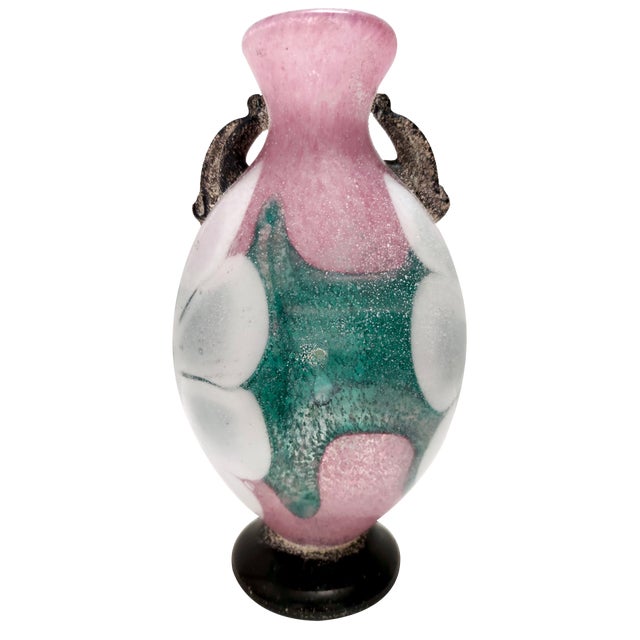 Postmodern Pink, Green and White Hand-Blown Scavo Glass Vase, Murano, Italy, 1970s For Sale